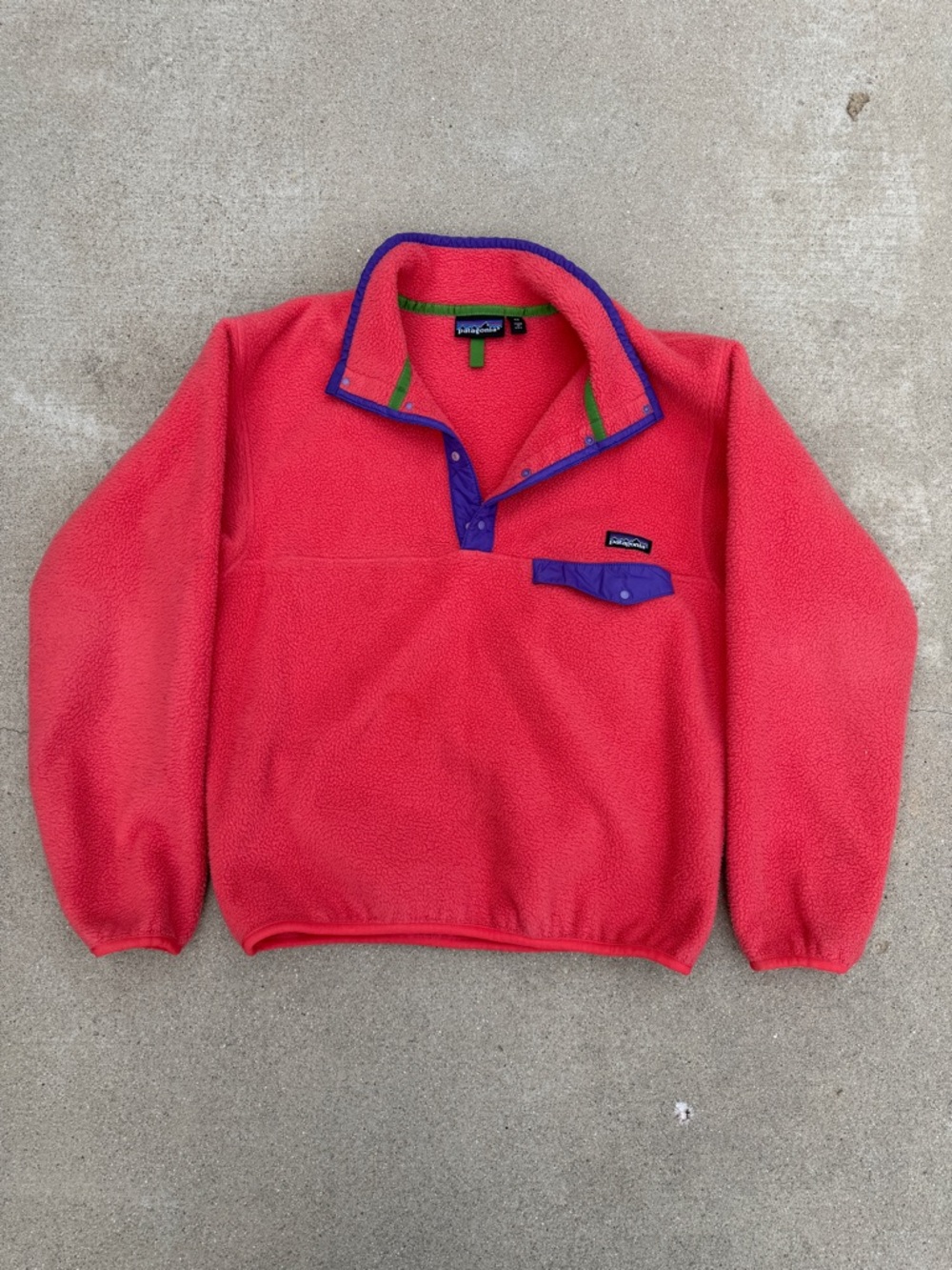 Patagonia Bright Coral Pullover Fleece with Purple Trim
